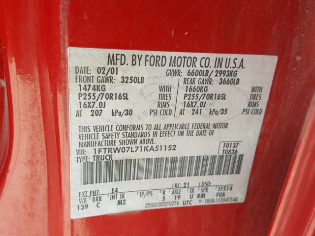 1FTRW07L71KA51152 - 2001 FORD F150 SUPER RED photo 10