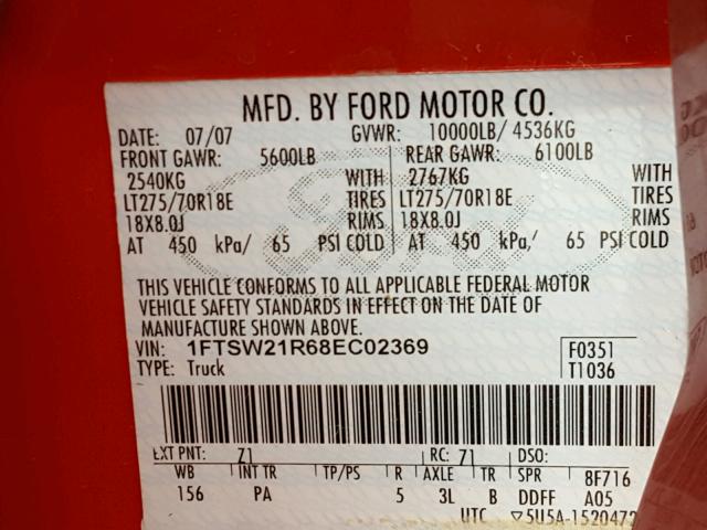 1FTSW21R68EC02369 - 2008 FORD F250 SUPER RED photo 10