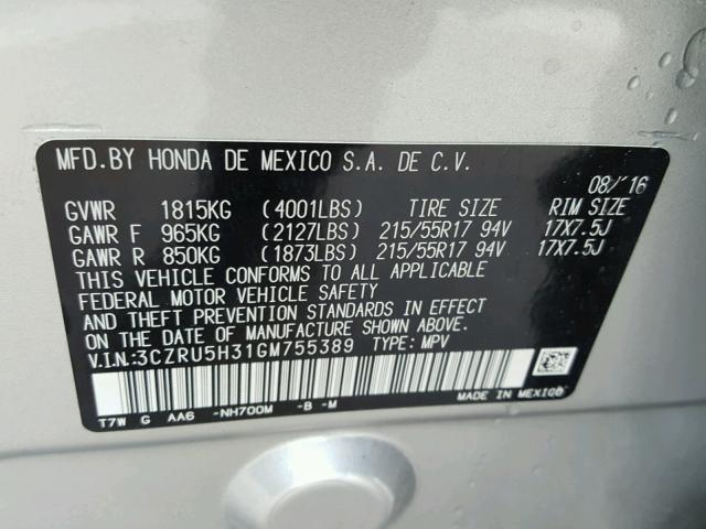 3CZRU5H31GM755389 - 2016 HONDA HR-V LX SILVER photo 10