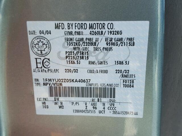 1FMYU02Z05KA40637 - 2005 FORD ESCAPE XLS GREEN photo 10