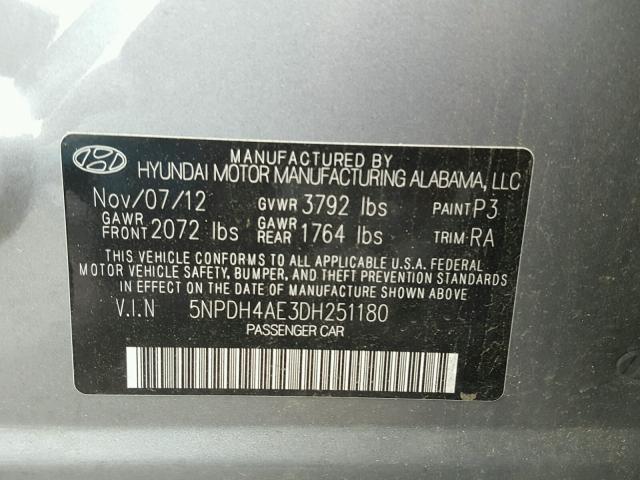 5NPDH4AE3DH251180 - 2013 HYUNDAI ELANTRA GL CHARCOAL photo 10