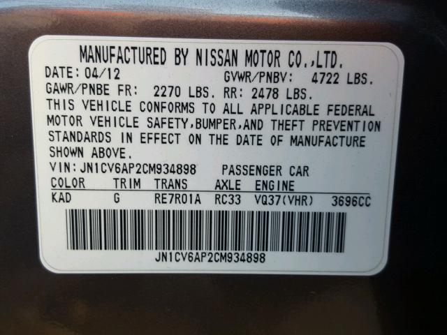 JN1CV6AP2CM934898 - 2012 INFINITI G37 BASE SILVER photo 10