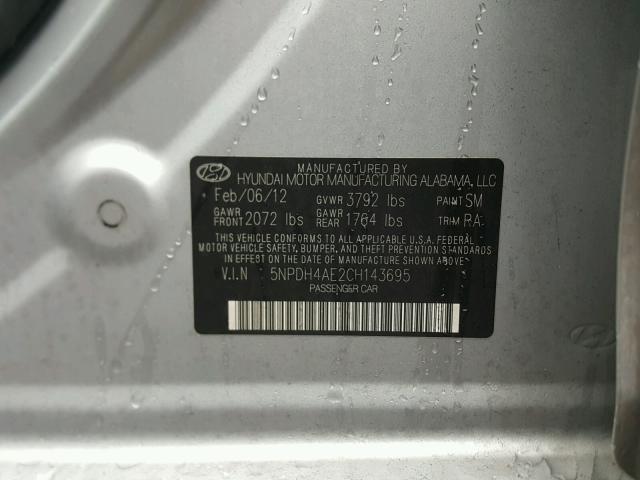 5NPDH4AE2CH143695 - 2012 HYUNDAI ELANTRA GL SILVER photo 10