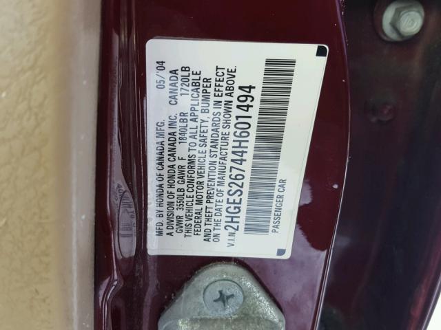 2HGES26744H601494 - 2004 HONDA CIVIC EX MAROON photo 10