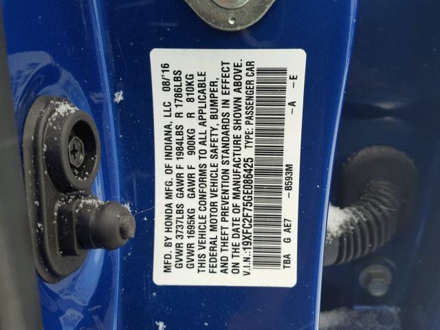 19XFC2F75GE086425 - 2016 HONDA CIVIC EX ლურჯი ფოტო 10