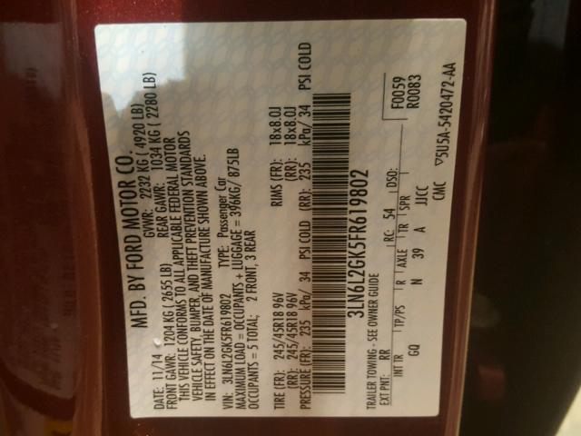 3LN6L2GK5FR619802 - 2015 LINCOLN MKZ RED photo 10