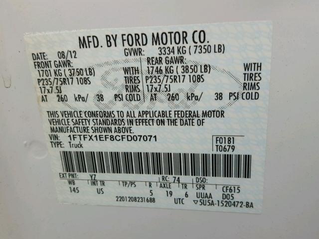 1FTFX1EF8CFD07071 - 2012 FORD F150 SUPER WHITE photo 10