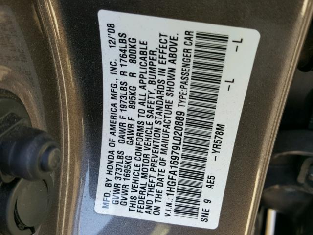 1HGFA16979L020889 - 2009 HONDA CIVIC EXL GRAY photo 10