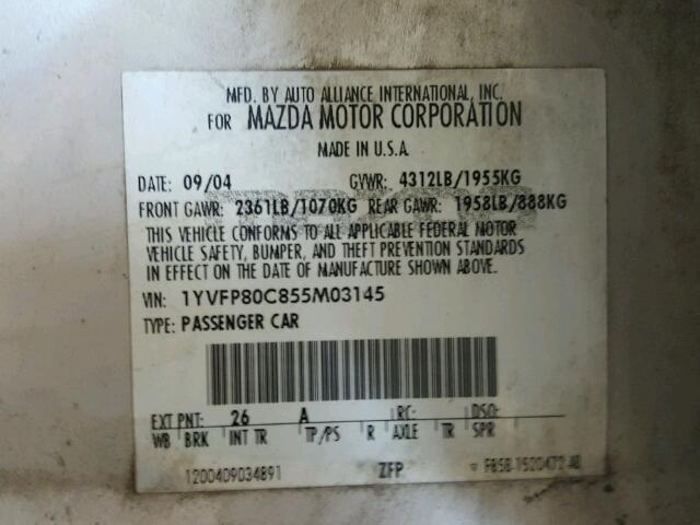 1YVFP80C855M03145 - 2005 MAZDA 6 I SILVER photo 10