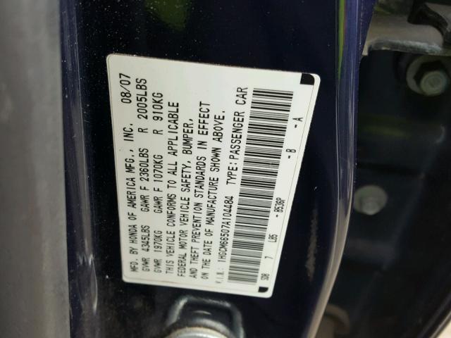 1HGCM66507A104484 - 2007 HONDA ACCORD EX BLUE photo 10