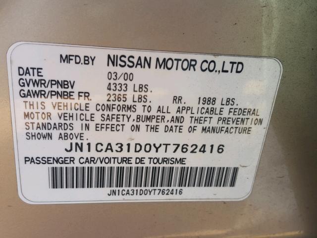 JN1CA31D0YT762416 - 2000 NISSAN MAXIMA GLE GOLD photo 10