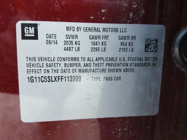 1G11C5SLXFF113999 - 2015 CHEVROLET MALIBU 1LT ბურგუნდია ფოტო 10