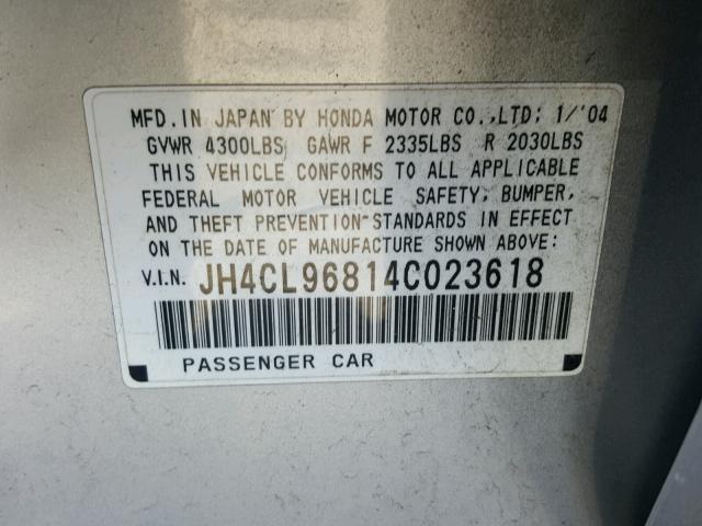 JH4CL96814C023618 - 2004 ACURA TSX SILVER photo 10