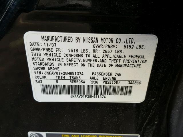 JNKAY01F28M651374 - 2008 INFINITI M35 BASE BLACK photo 10