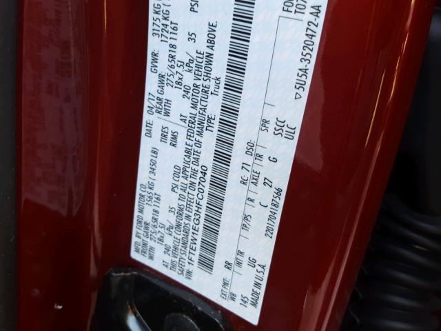 1FTEW1EG3HFC07040 - 2017 FORD F150 SUPER RED photo 10