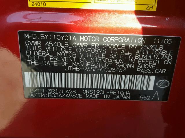 JTHBH96S365028464 - 2006 LEXUS GS GENERAT RED photo 10