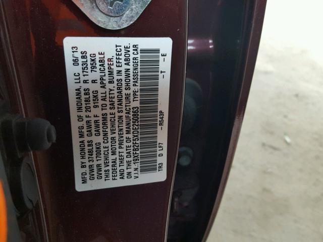 19XFB2F5XDE250863 - 2013 HONDA CIVIC LX BURGUNDY photo 10