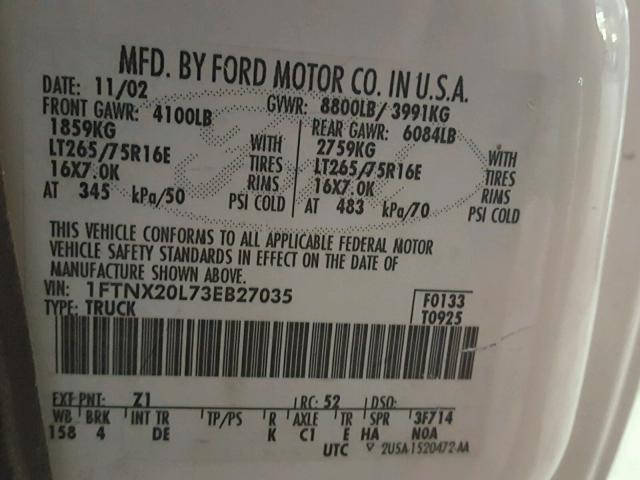 1FTNX20L73EB27035 - 2003 FORD F250 SUPER WHITE photo 10