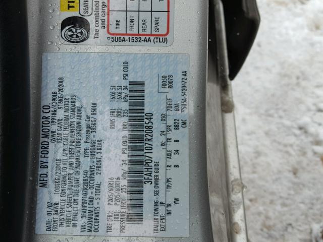 3FAHP07107R208540 - 2007 FORD FUSION SE SILVER photo 10