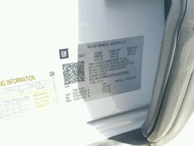 5GAKRBKD7HJ347598 - 2017 BUICK ENCLAVE WHITE photo 10