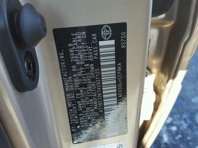 4T1BE32K14U927125 - 2004 TOYOTA CAMRY LE თაფლისფერი ფოტო 10