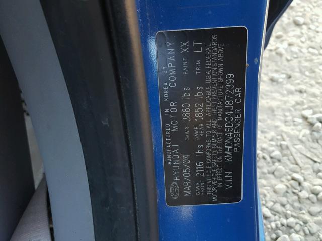 KMHDN46D04U872399 - 2004 HYUNDAI ELANTRA GL BLUE photo 10