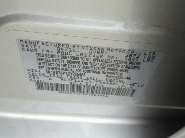 3N1AB7AP1GY265466 - 2016 NISSAN SENTRA S SILVER photo 10