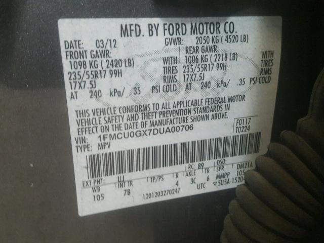 1FMCU0GX7DUA00706 - 2013 FORD ESCAPE SE GRAY photo 10