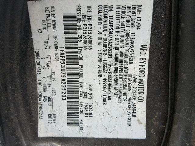 1FAFP53U75A225203 - 2005 FORD TAURUS SE GRAY photo 10