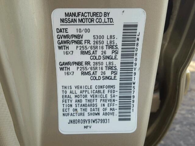 JN8DR09Y91W579931 - 2001 NISSAN PATHFINDER GOLD photo 10