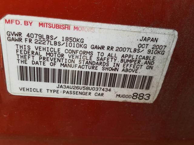 JA3AU26U58U037434 - 2008 MITSUBISHI LANCER ES RED photo 10