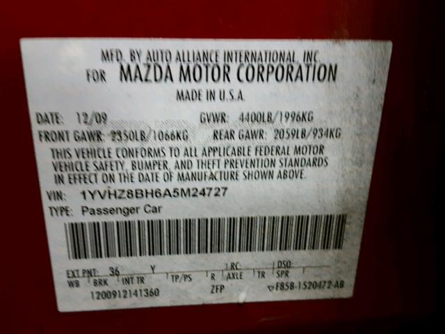 1YVHZ8BH6A5M24727 - 2010 MAZDA 6 I RED photo 10