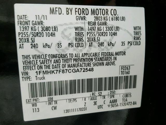 1FMHK7F87CGA72548 - 2012 FORD EXPLORER L BLACK photo 10