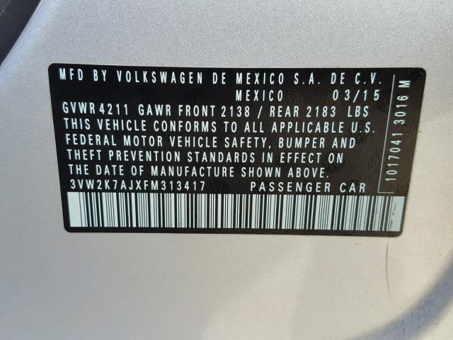 3VW2K7AJXFM313417 - 2015 VOLKSWAGEN JETTA BASE ვერცხლისფერი ფოტო 10