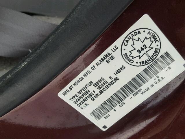 5FNRL38429B500330 - 2009 HONDA ODYSSEY EX MAROON photo 10