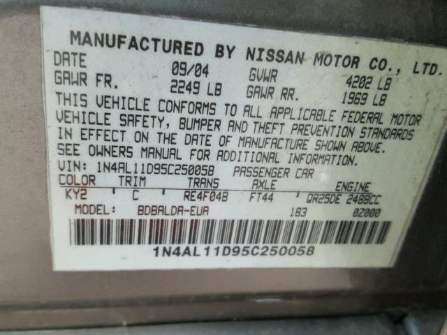 1N4AL11D95C250058 - 2005 NISSAN ALTIMA S BEIGE photo 10