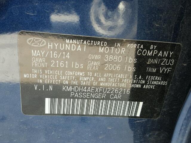 KMHDH4AEXFU226216 - 2015 HYUNDAI ELANTRA SE BLUE photo 10