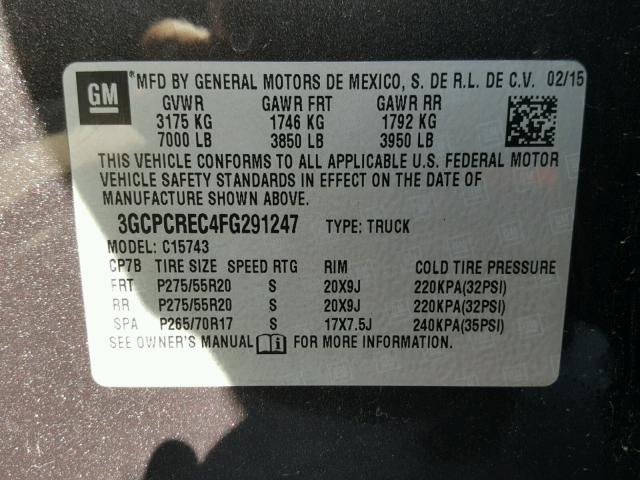 3GCPCREC4FG291247 - 2015 CHEVROLET SILVERADO GRAY photo 10