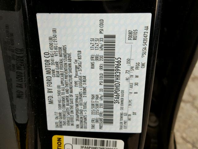 3FA6P0HD7HR399665 - 2017 FORD FUSION SE BLACK photo 10