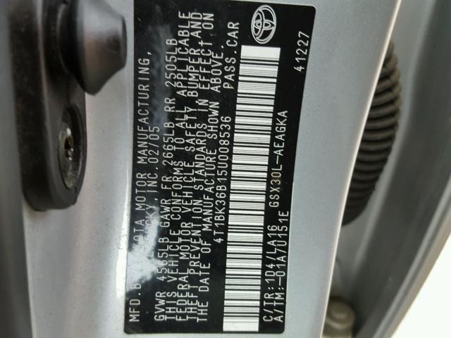 4T1BK36B15U008536 - 2005 TOYOTA AVALON XL SILVER photo 10