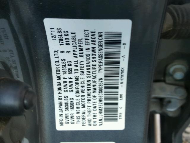 JHMZE2H56CS003576 - 2012 HONDA INSIGHT LX GRAY photo 10