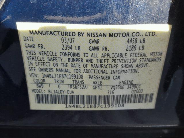 1N4BL21E87C199108 - 2007 NISSAN ALTIMA 3.5 BLUE photo 10