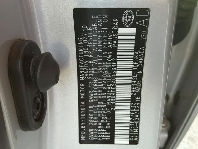 2T1BU4EE2AC456162 - 2010 TOYOTA COROLLA BA SILVER photo 10