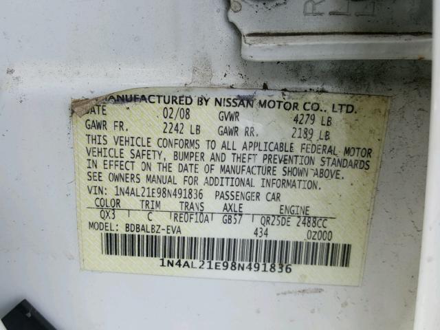 1N4AL21E98N491836 - 2008 NISSAN ALTIMA 2.5 WHITE photo 10