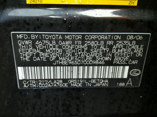 JTHBE96S070009846 - 2007 LEXUS GS 350 BLACK photo 10