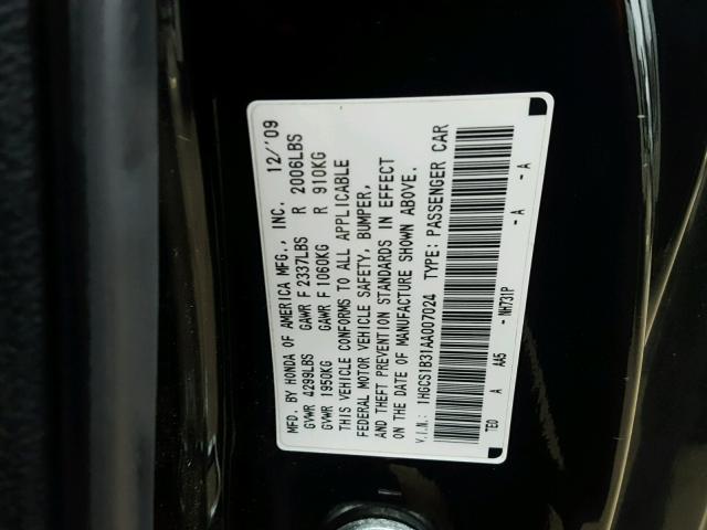 1HGCS1B31AA007024 - 2010 HONDA ACCORD LX BLACK photo 10