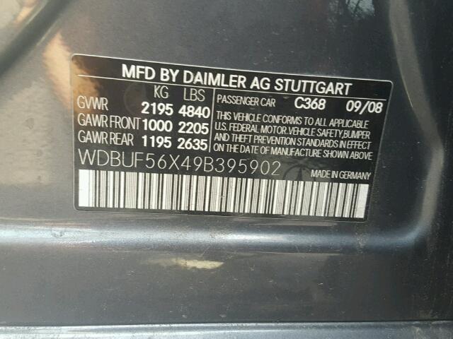 WDBUF56X49B395902 - 2009 MERCEDES-BENZ E 350 GRAY photo 10