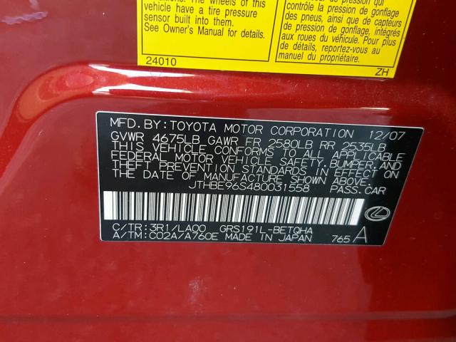 JTHBE96S480031558 - 2008 LEXUS GS 350 RED photo 10