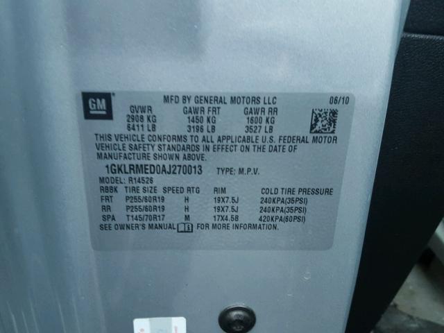 1GKLRMED0AJ270013 - 2010 GMC ACADIA SLT ვერცხლისფერი ფოტო 10