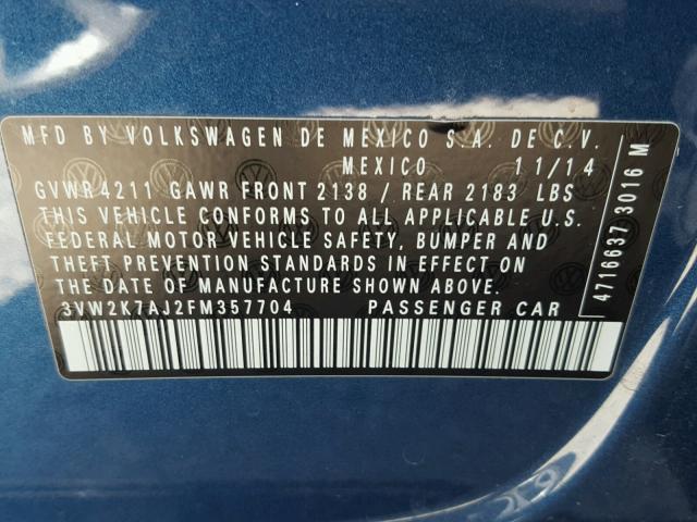 3VW2K7AJ2FM357704 - 2015 VOLKSWAGEN JETTA BASE BLUE photo 10